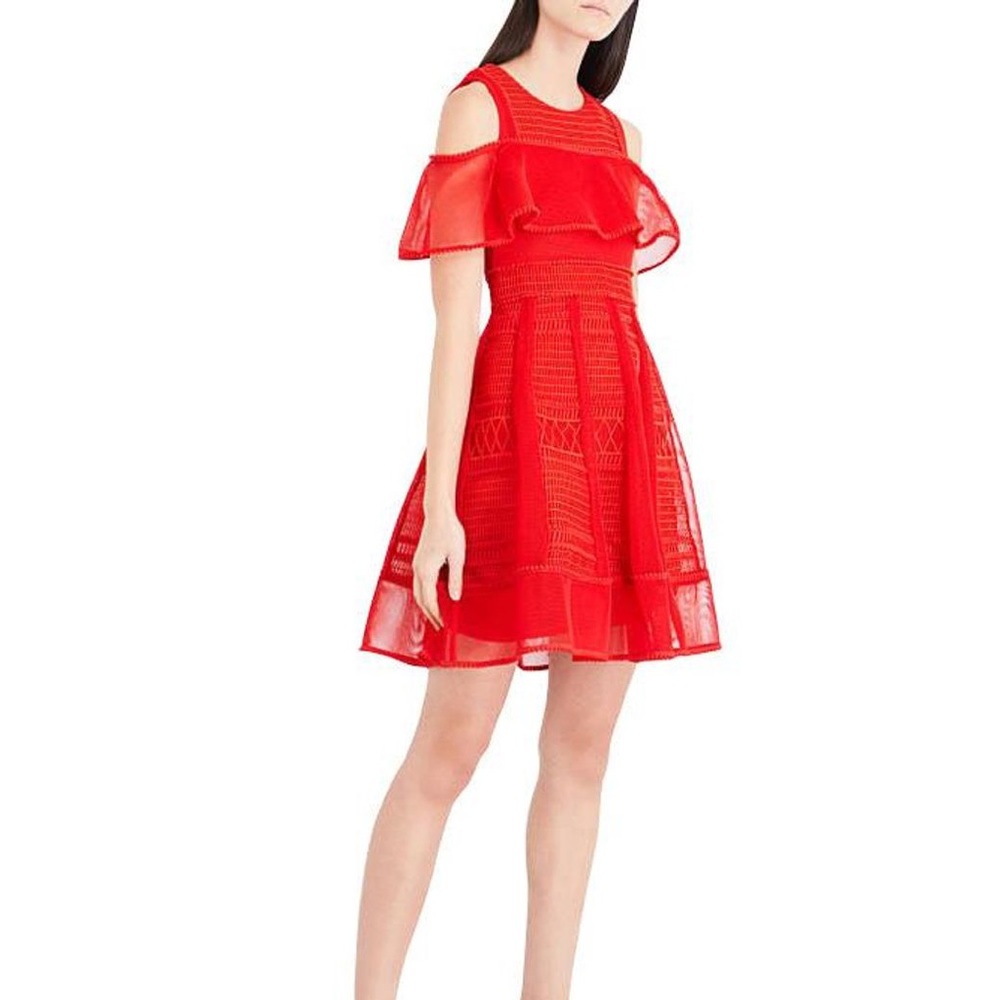 Maje Women's Red A-line Polyester Mesh-kint Embroide Dress